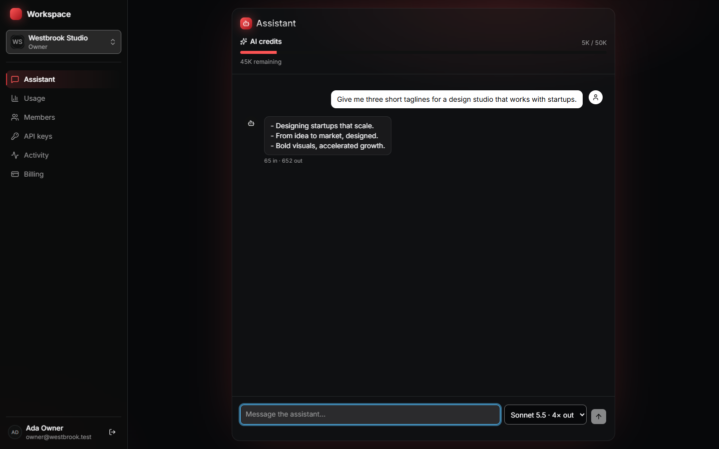 The Workspacekit assistant: a chat with a live AI credit meter showing 5K of 50K used.