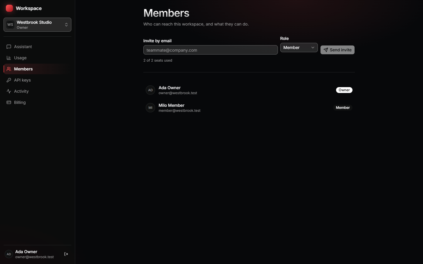 The members page with roles and seats.